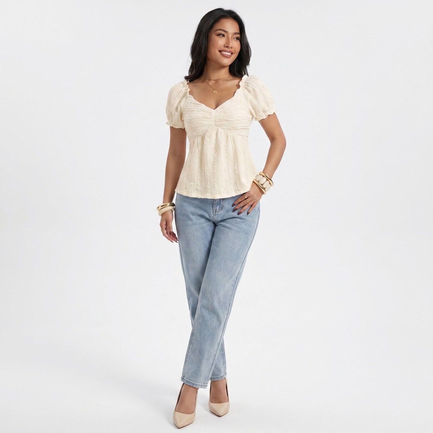 Textured Puff Sleeve Peplum Blouse