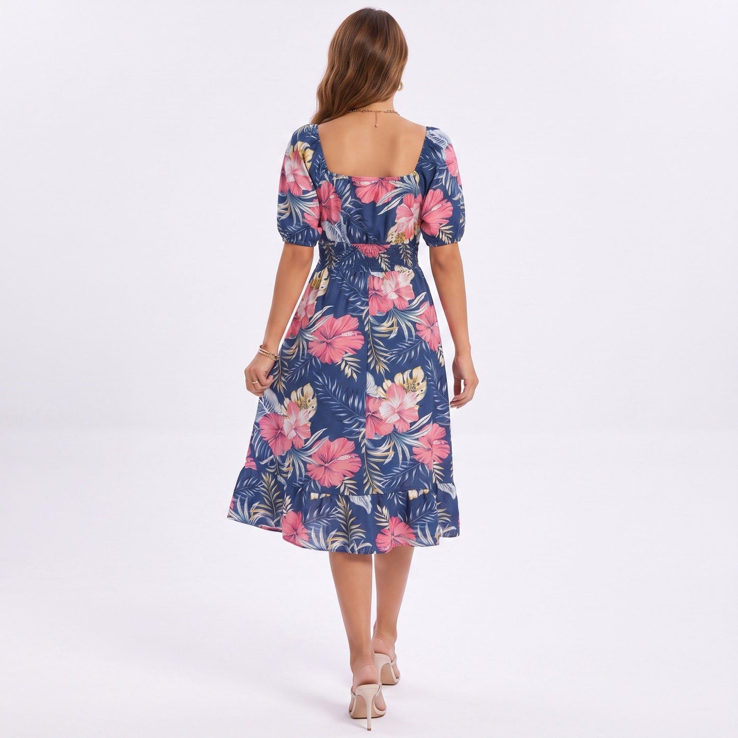 Tropical Floral Square Neck Smocked Waist Midi Dress