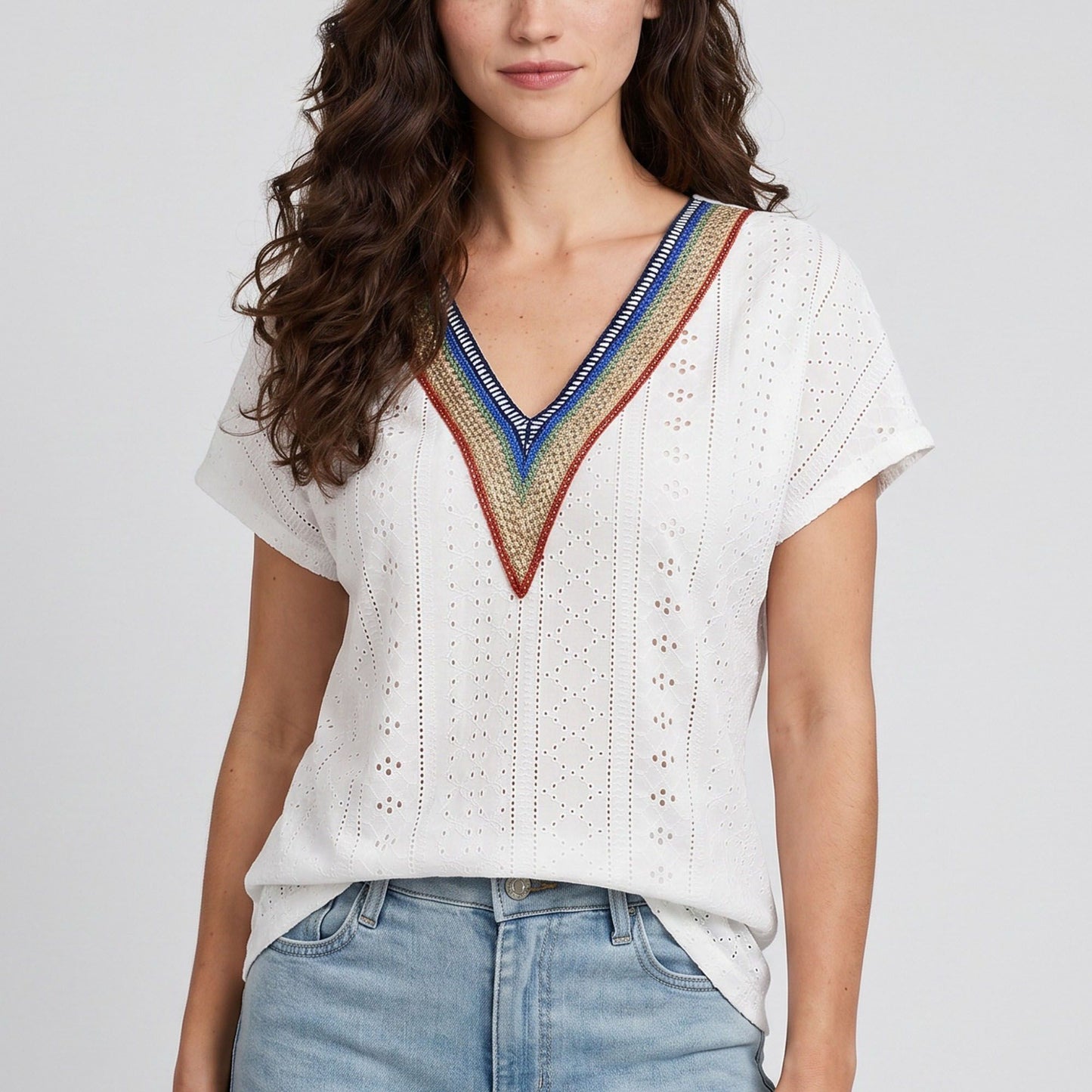 Boho V-Neck Eyelet Blouse Short Sleeve Embroidered Trim Top