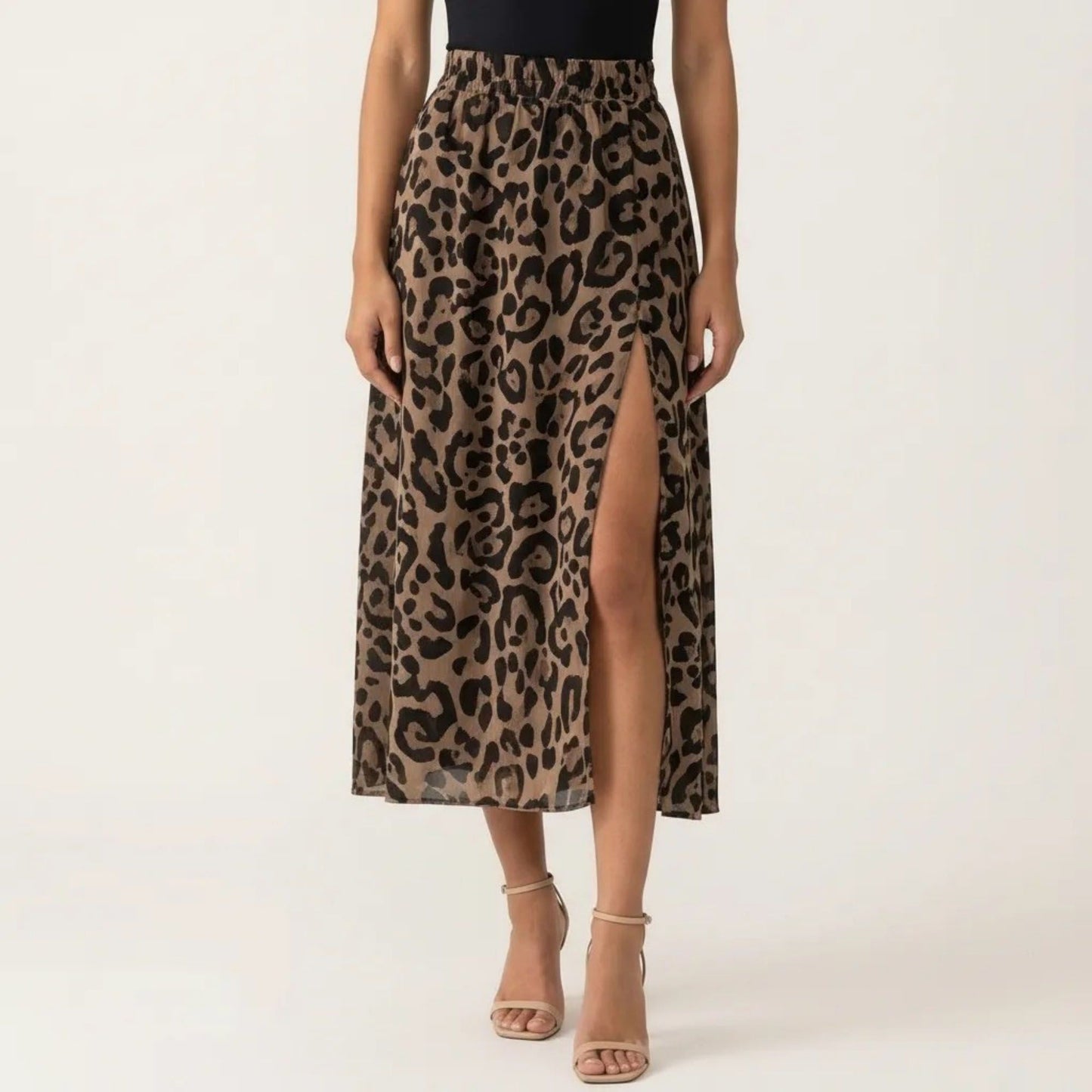 Leopard Print Midi Skirt High Waist Elastic Waist Side Slit Flowy A Line Skirt
