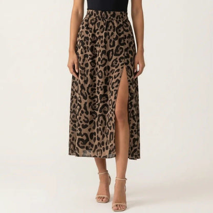 Leopard Print Midi Skirt High Waist Elastic Waist Side Slit Flowy A Line Skirt