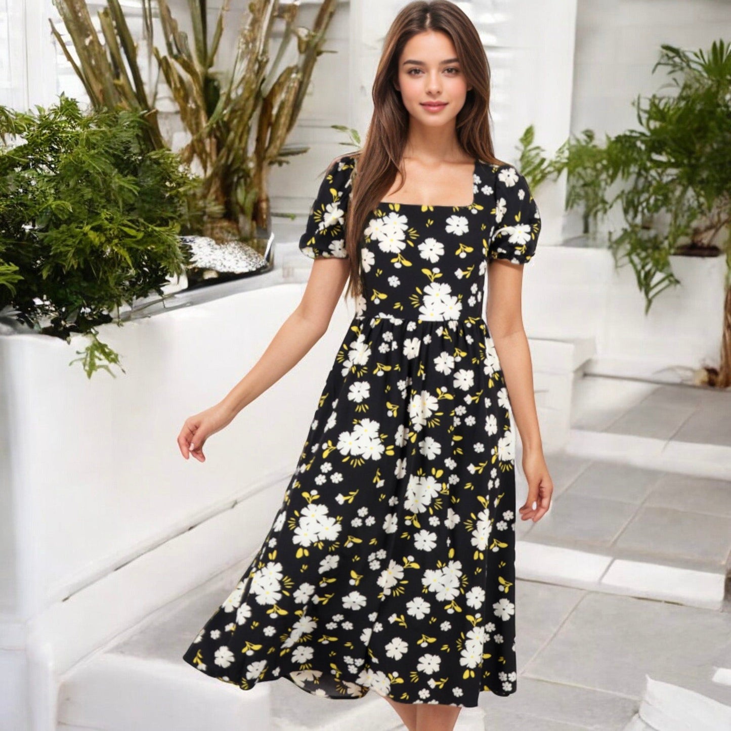 Puff Sleeve Floral Midi Dress Square Neckline Flowy Skirt