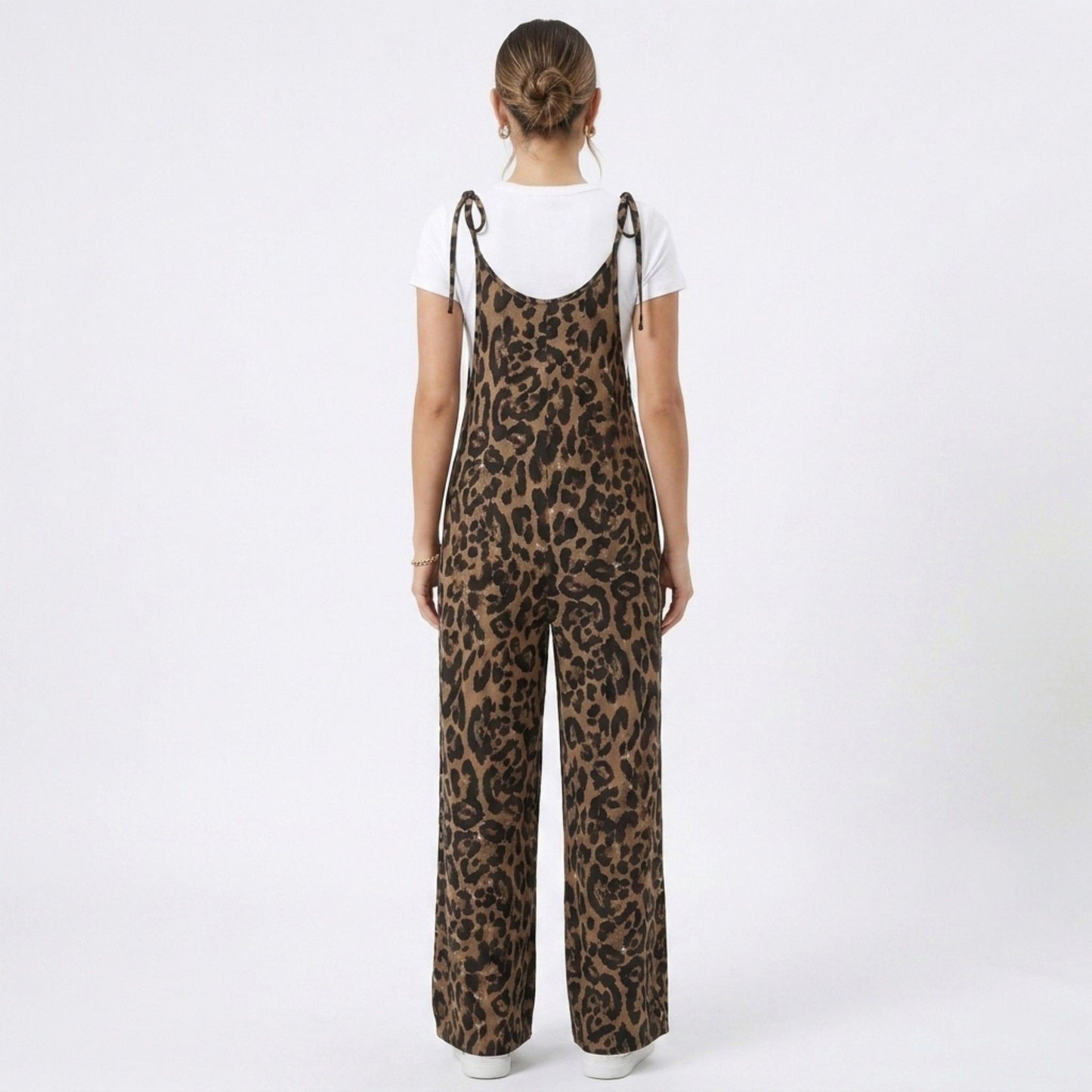 Maternity Leopard Print Wide Leg Jumpsuit with Tie Shoulder Straps and Layered Tee Look