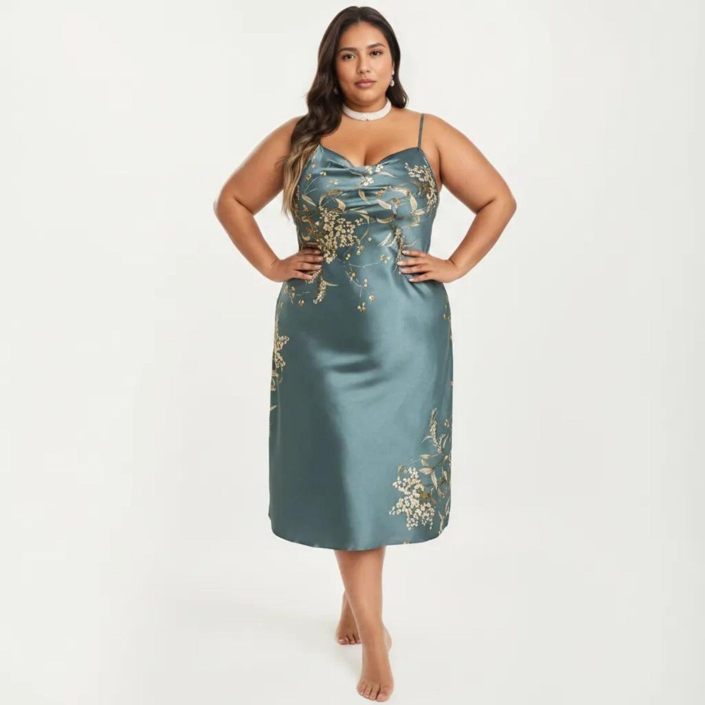 Plus Size Satin Floral Slip Nightgown with Adjustable Spaghetti Straps Cowl Neck Midi Length Sleepwear Dress