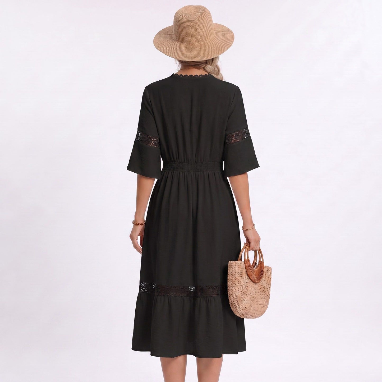V-Neck Lace Trim Bell Sleeve Midi Dress