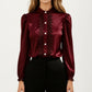 Long Sleeve Blouse with Lace Trim Front and Puff Sleeve Cuffs