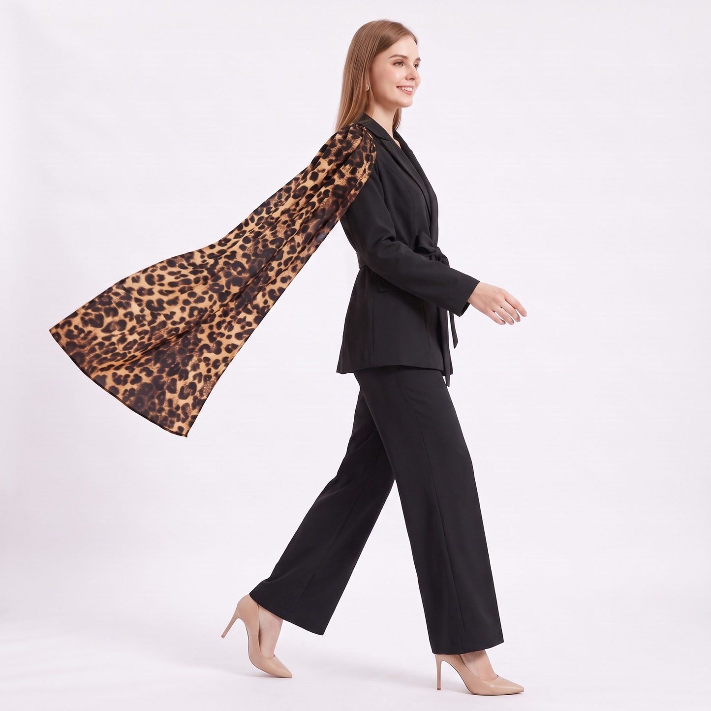 Long Sleeve Blazer and Pants Two Piece Set with Draped Scarf Detail