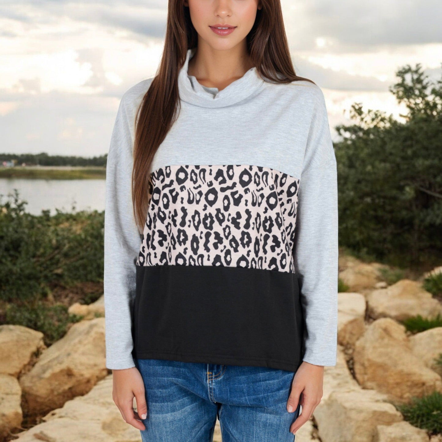 Long Sleeve Leopard Print Color Block Cowl Neck Top