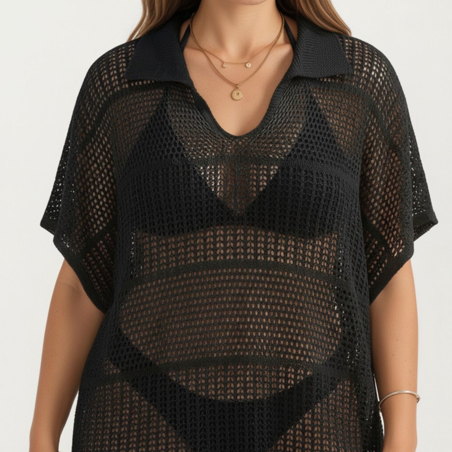 Mesh Swim Cover Up Dress with Open Knit Design Collared Neckline Short Sleeves Relaxed Fit