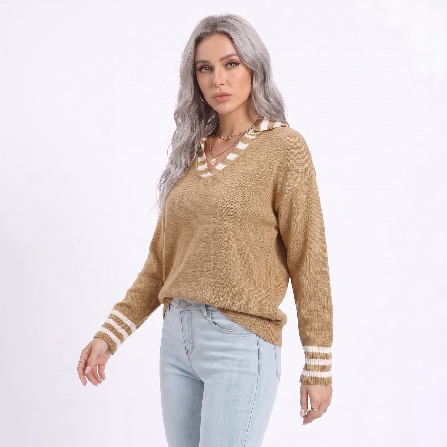 Long Sleeve Collared V Neck Knit Pullover Sweater