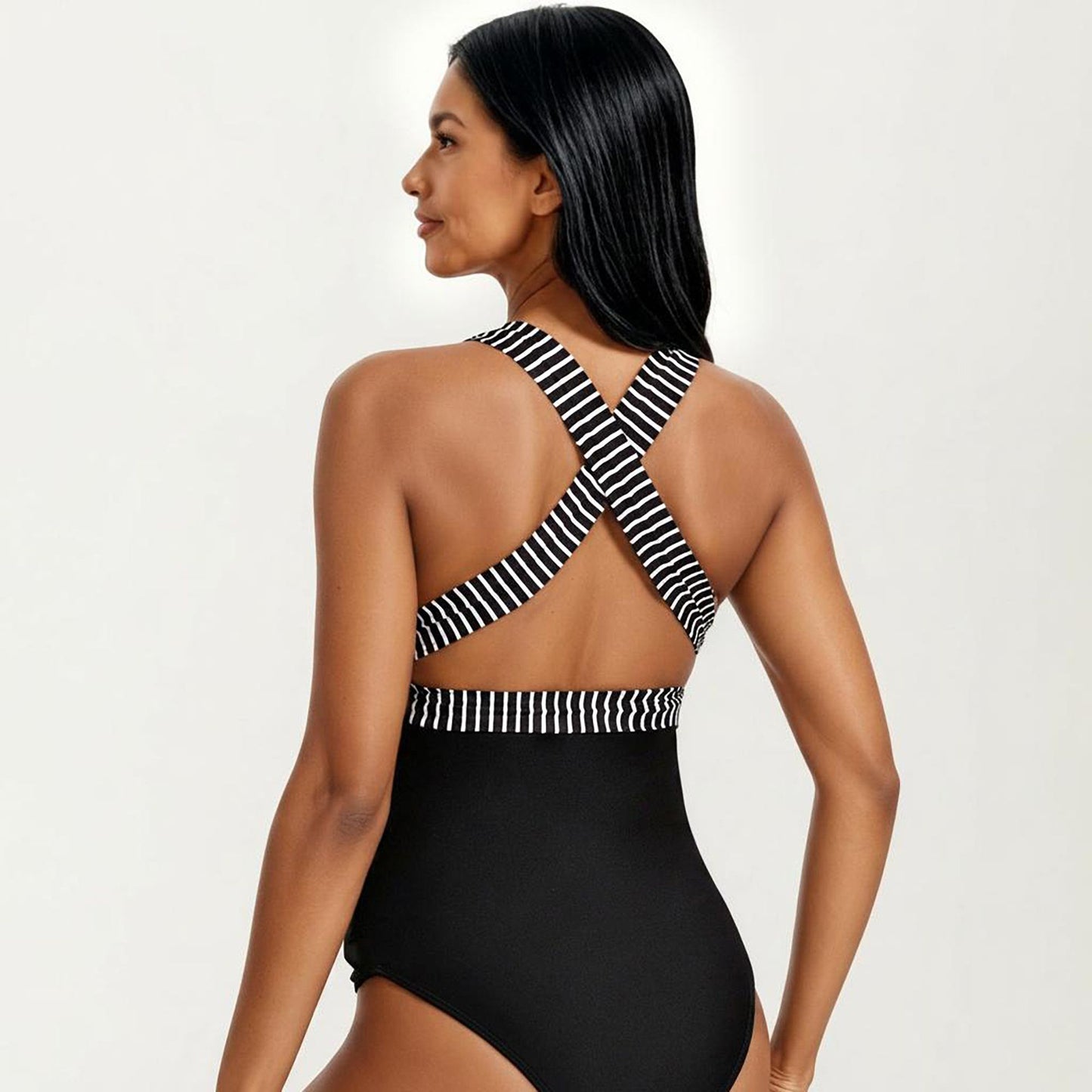 Maternity Striped One-Piece Swimsuit with Tie Waist and Deep V-Neckline