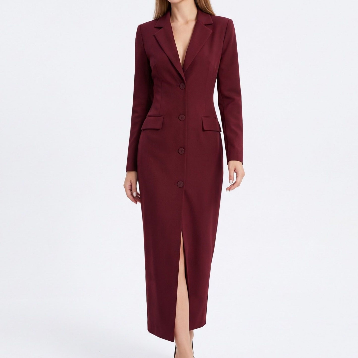 Long Sleeve Blazer Maxi Dress with Notched Lapels and Front Slit