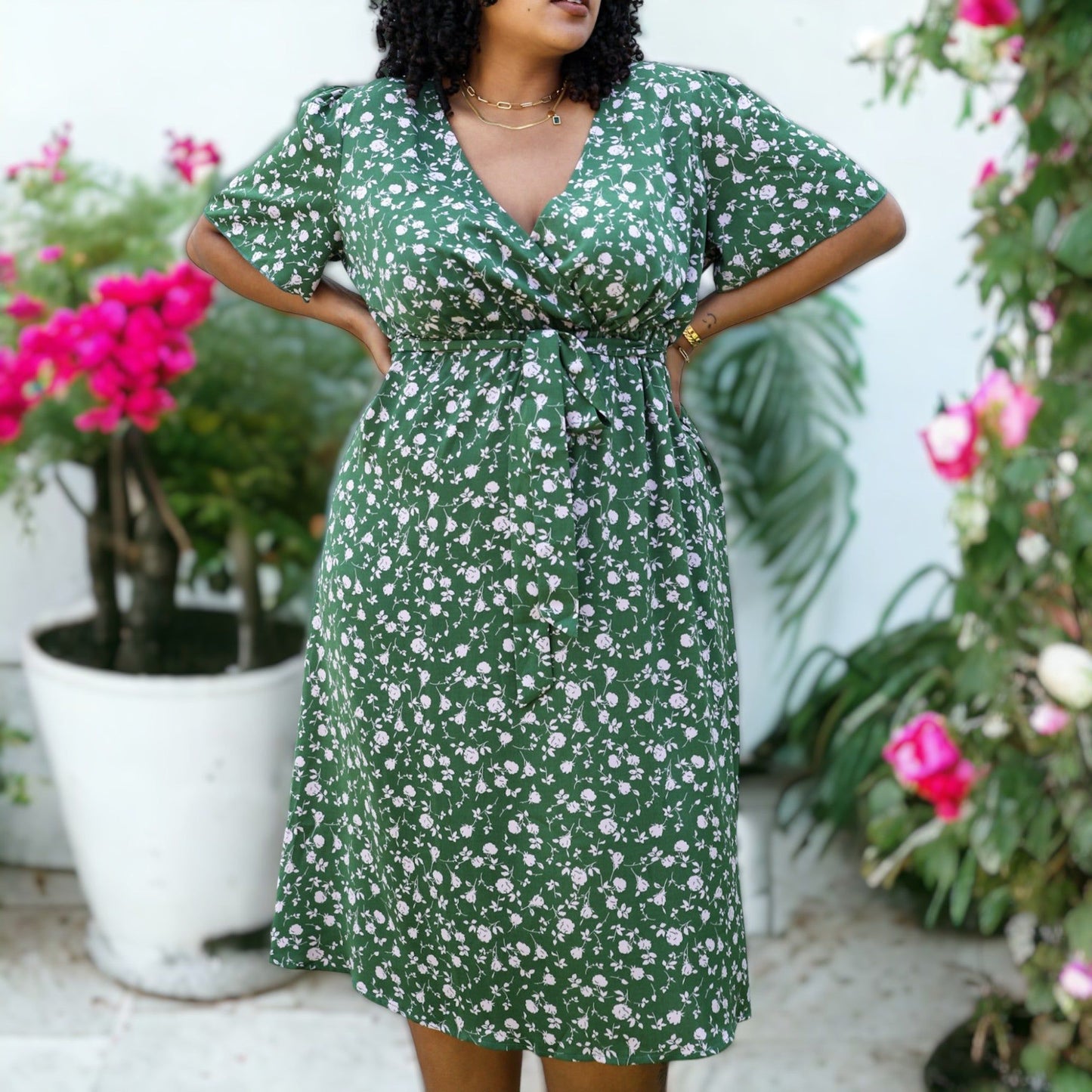 Plus Size Green and Pink Flared Tunic Floral Print Dress