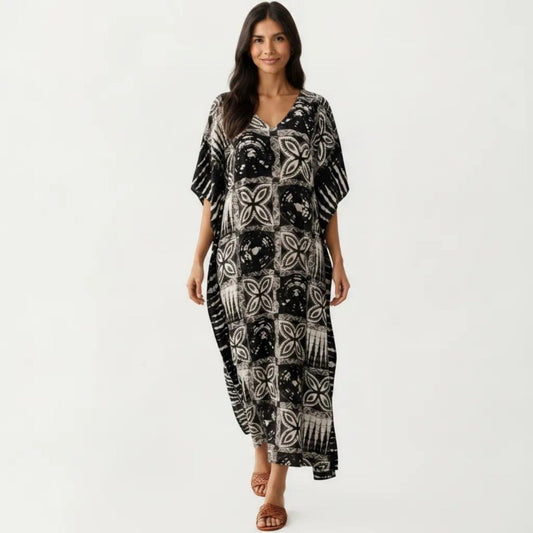 Geometric Print Maxi Caftan Dress with V-Neckline Relaxed Fit and Draped Silhouette