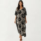 Geometric Print Maxi Caftan Dress with V-Neckline Relaxed Fit and Draped Silhouette
