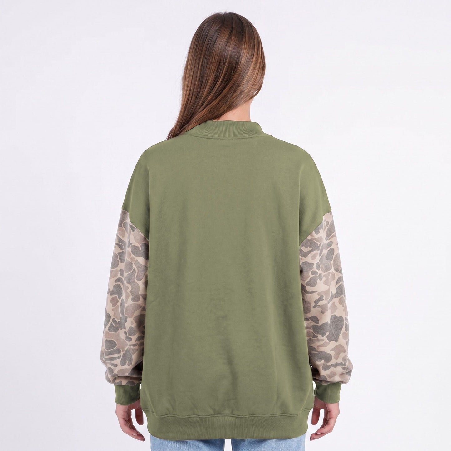 Camo Sleeve Mock Neck Long Sleeve Pullover Sweatshirt