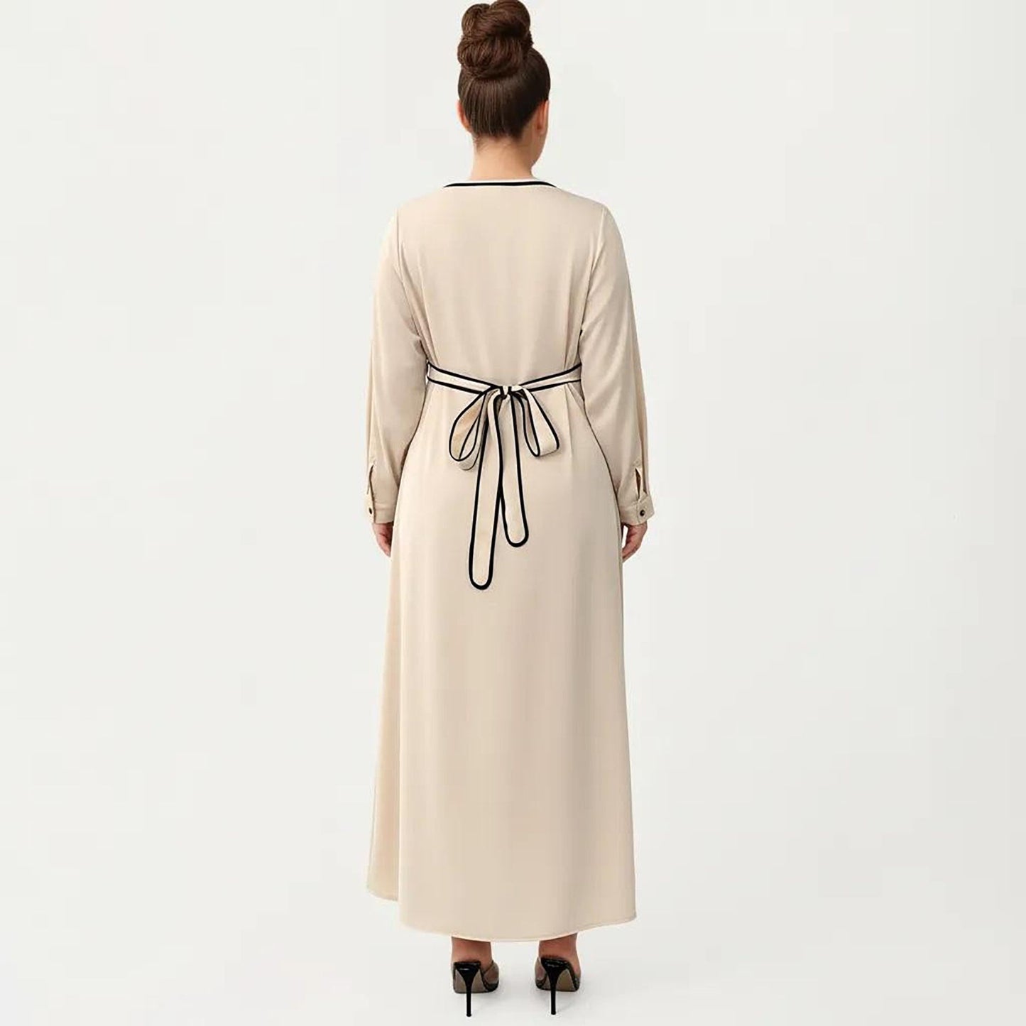 Plus Size Long Sleeve Button Front Maxi Dress with V Neckline Contrast Trim and Defined Waist Detail
