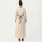 Plus Size Long Sleeve Button Front Maxi Dress with V Neckline Contrast Trim and Defined Waist Detail