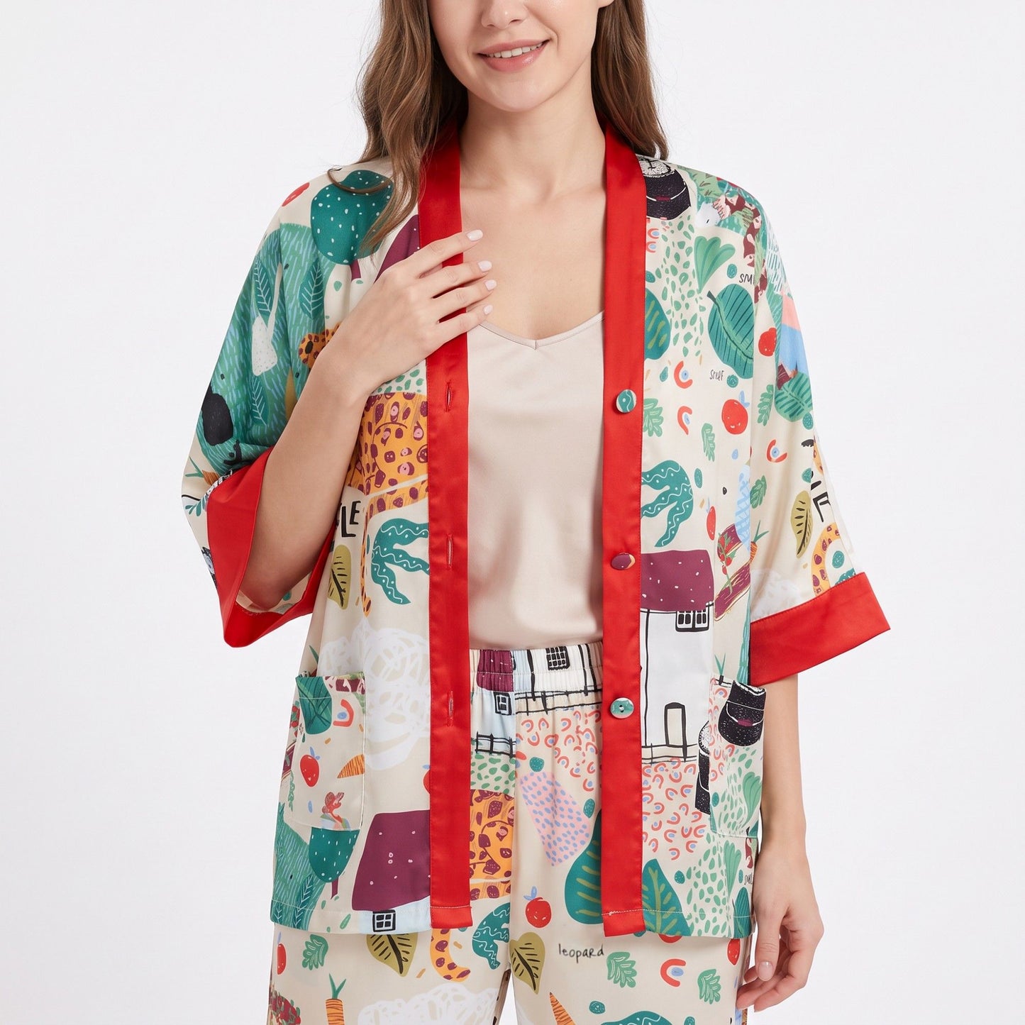 2-Piece Printed Pajama Set Button Front Short Sleeve Sleep Shirt and Long Pants