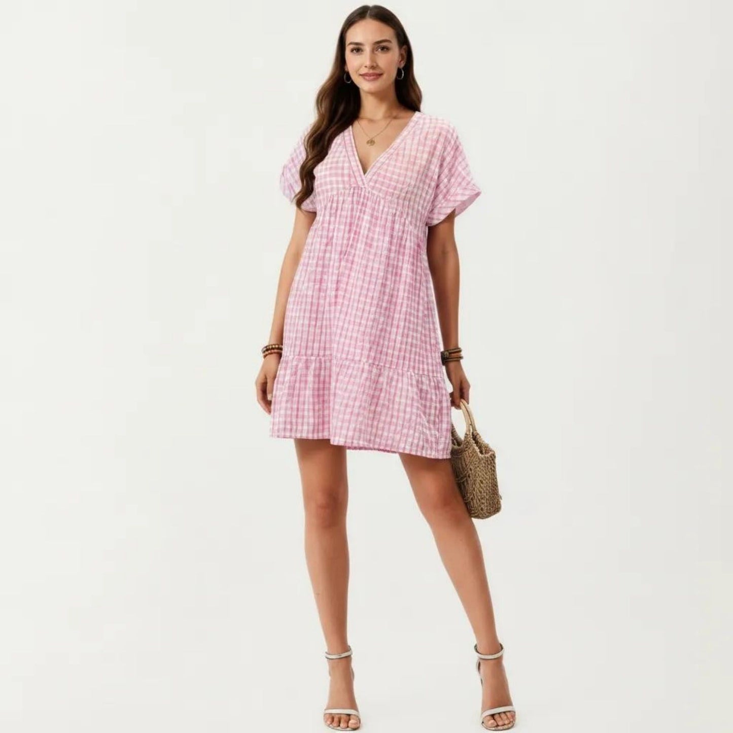 Short Sleeve V Neck Plaid Mini Dress with Tiered Hem Loose Fit Casual Lightweight Summer Dress