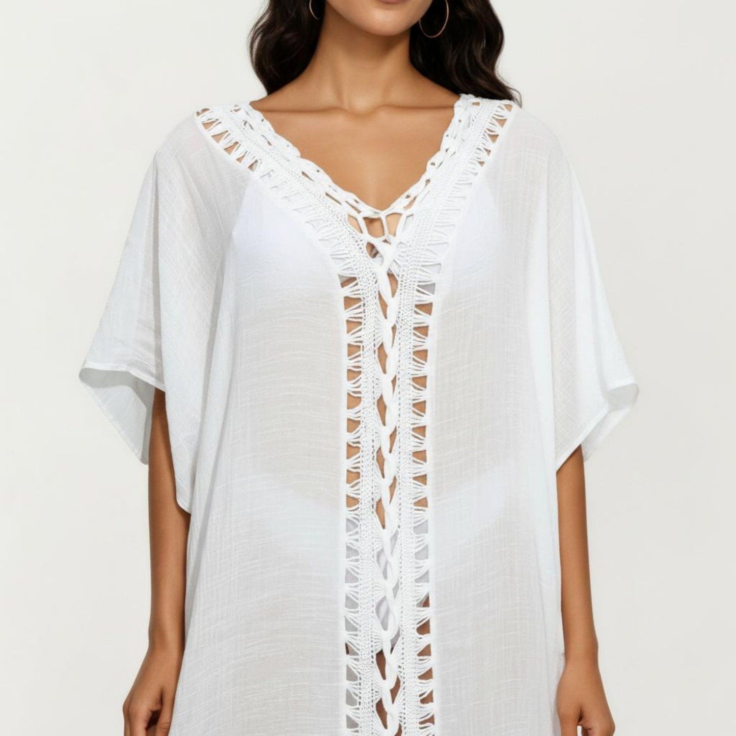 Crochet Trim Swim Cover Up Dress Loose Short Sleeve Lightweight Beach Kaftan