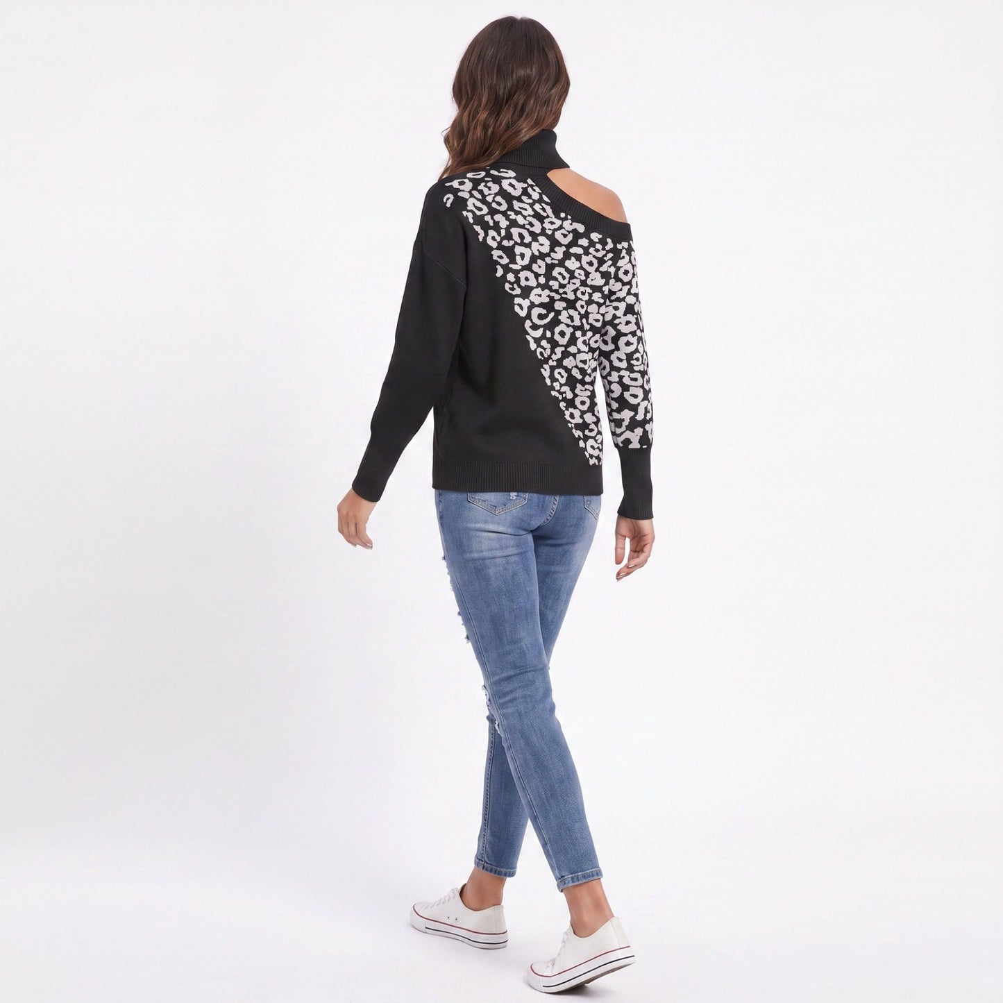 Leopard Print Cold Shoulder Turtleneck Sweater