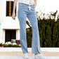 Mid Rise Slit Stretchy Straight Leg Jeans Pants 5 Pockets