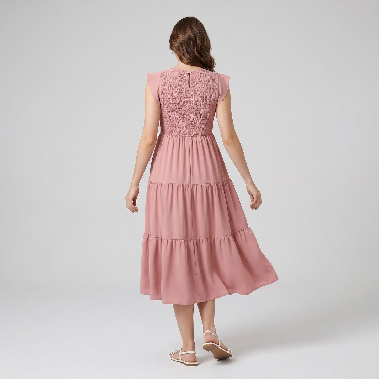 Maternity Smocked Tiered Midi Dress with Cap Sleeves and Round Neck