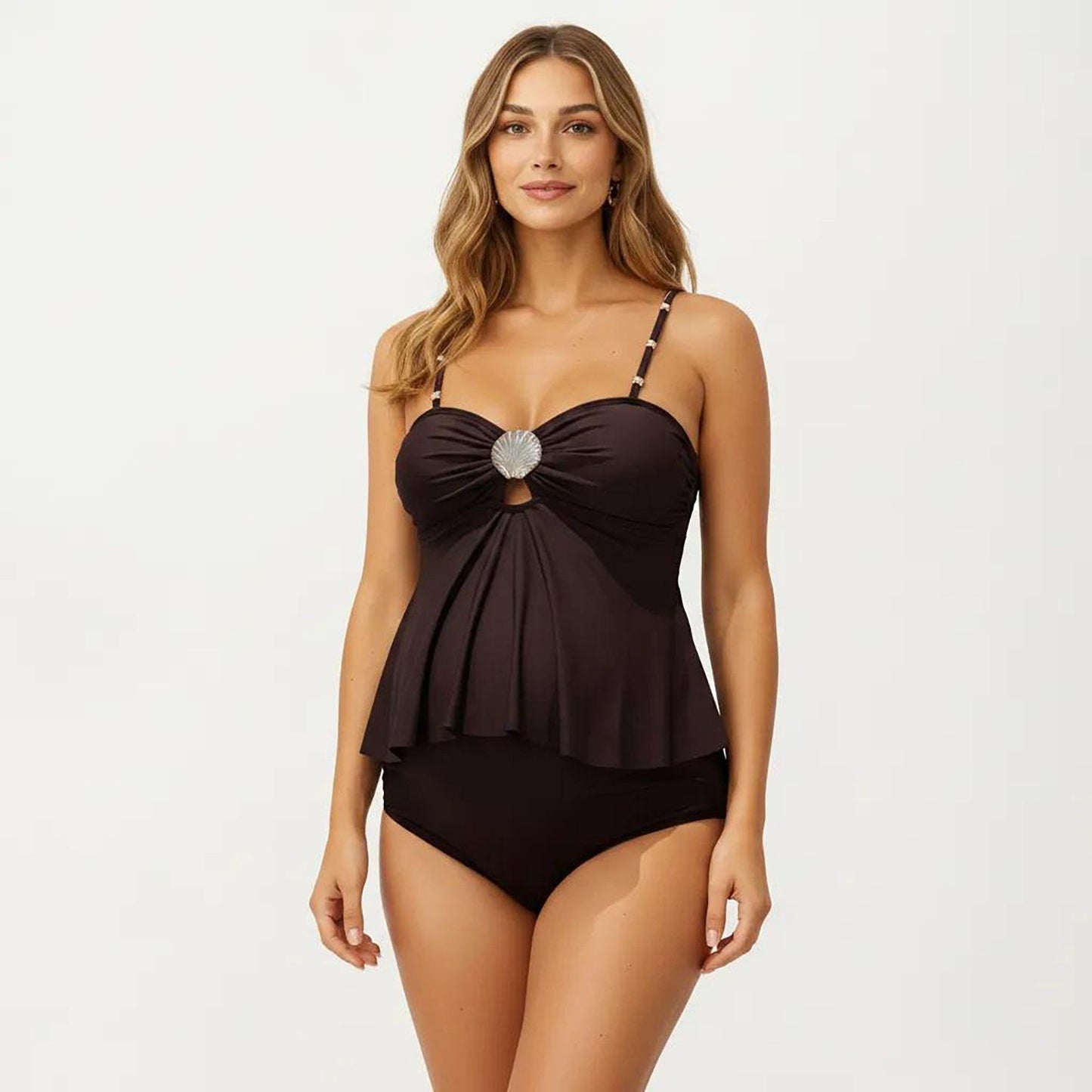 Maternity Tankini Swimsuit with Seashell Accent and Adjustable Straps