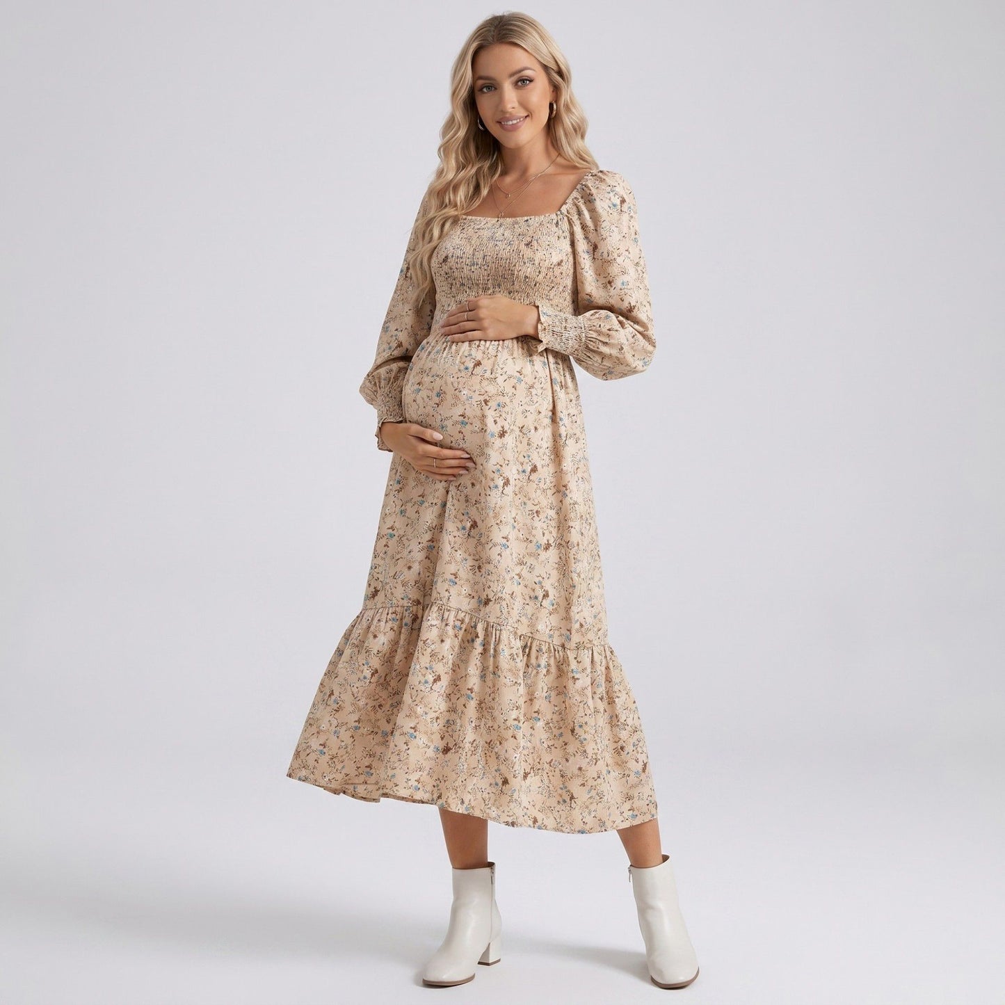Maternity Floral Square Neck Midi Dress with Long Sleeves and Smocked Bodice