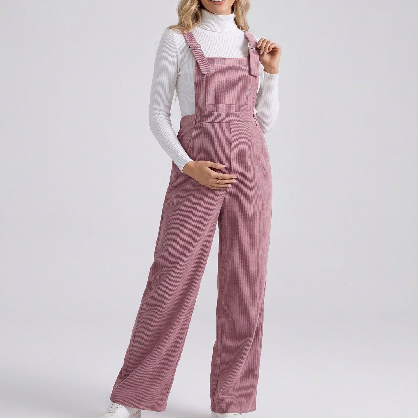 Maternity Corduroy Overall Jumpsuit with Adjustable Straps and Wide Leg Fit