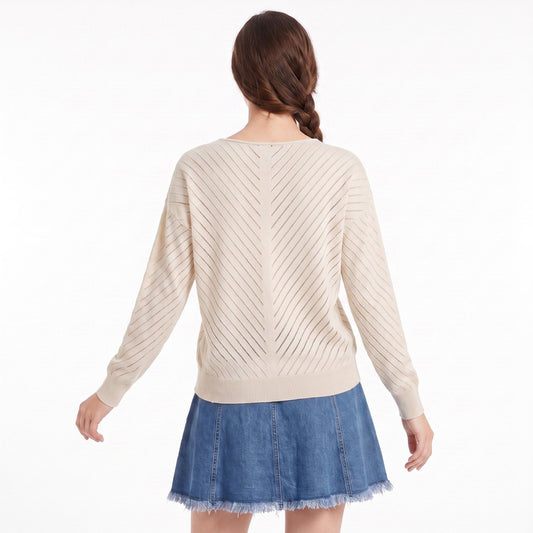 V-Neck Chevron Pointelle Knit Long Sleeve Sweater