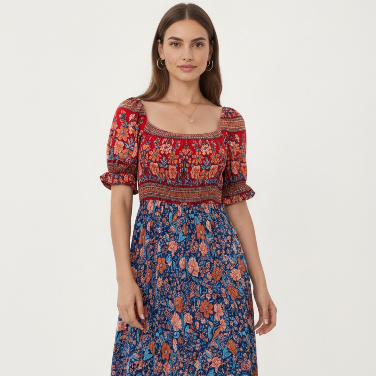 Puff Sleeve Maxi Dress with Mixed Floral Print and Border Hem