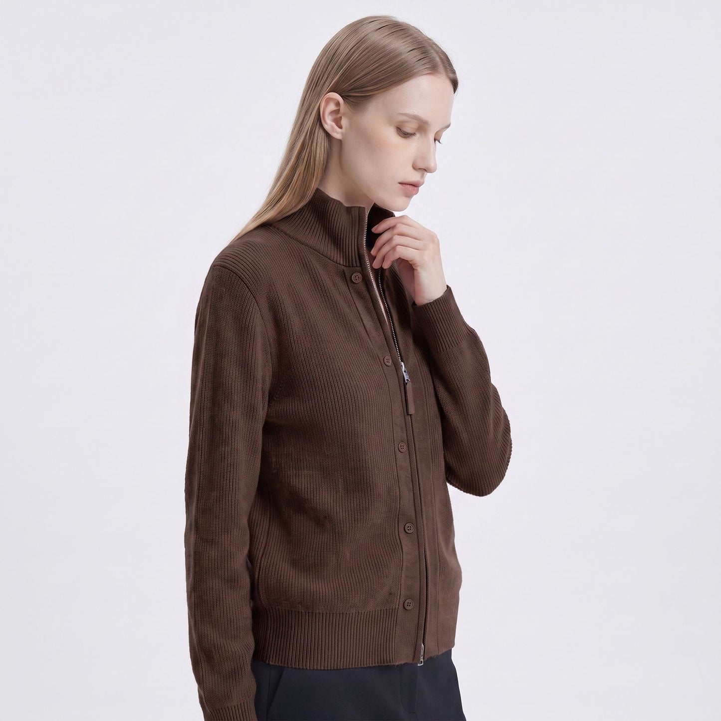 Mock Neck Zip-Front Knit Cardigan Sweater