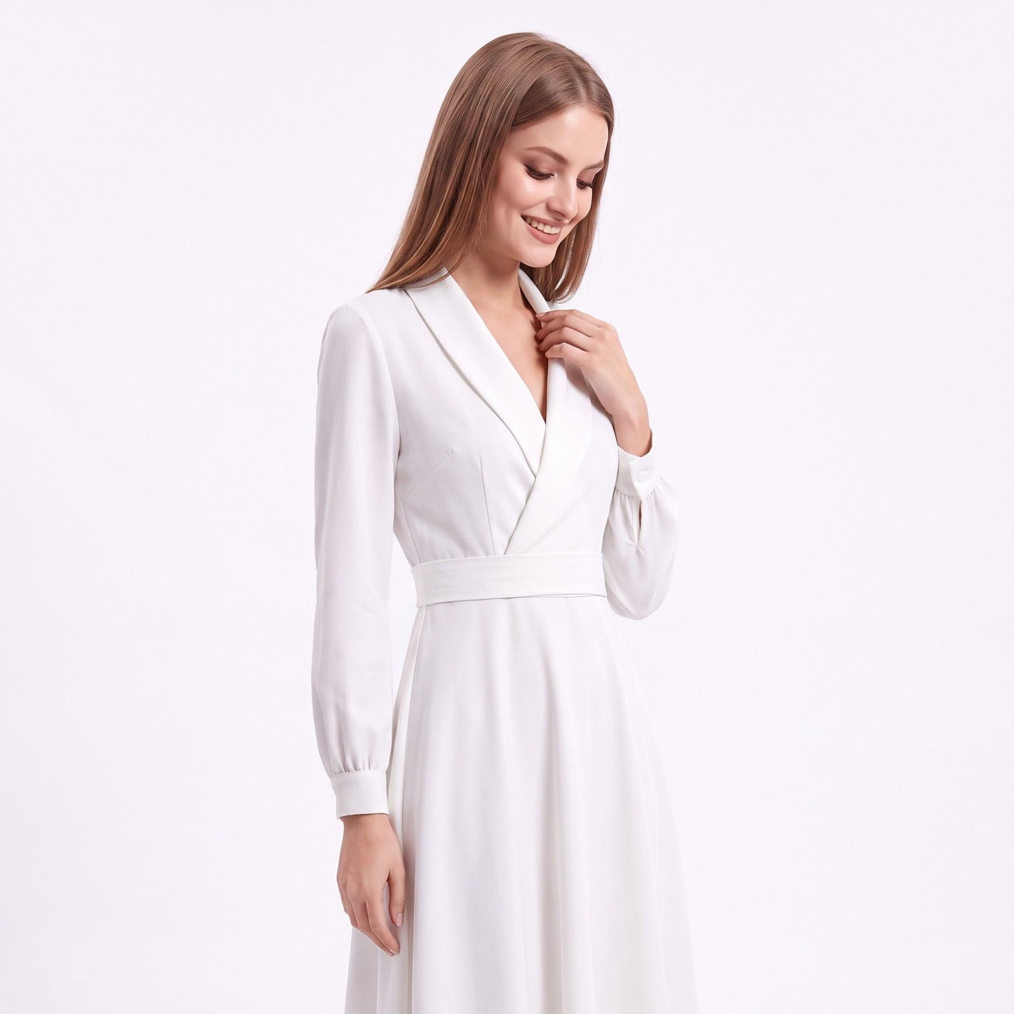 Long Sleeve Notched Collar Midi Dress with Defined Waist and Flared Skirt