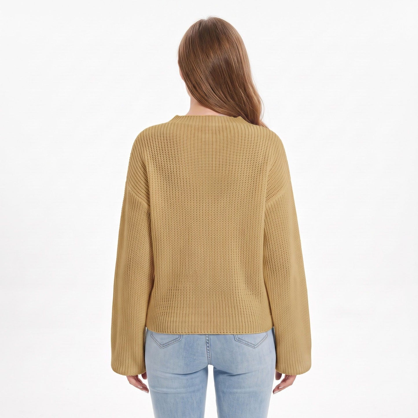 V Neck Textured Knit Pullover Sweater with Long Sleeves