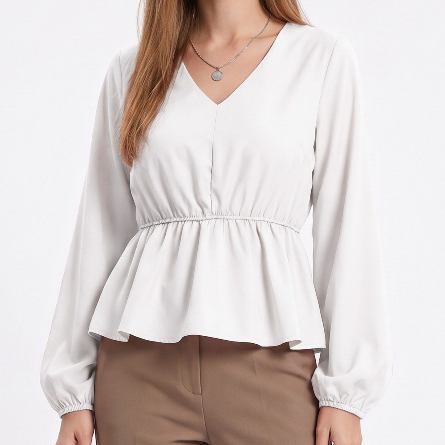 V Neck Long Sleeve Peplum Blouse Elastic Waist Casual Dressy Top