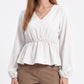 V Neck Long Sleeve Peplum Blouse Elastic Waist Casual Dressy Top