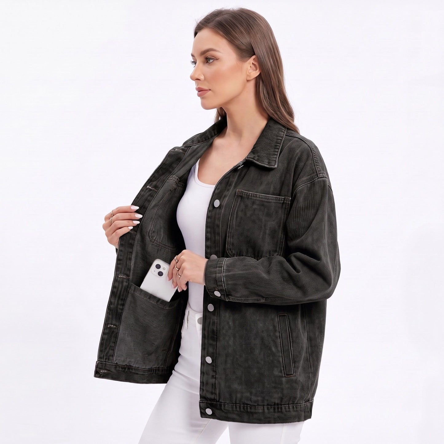 Oversized Denim Jacket Button Front Long Sleeve Casual Jean Shacket With Pockets