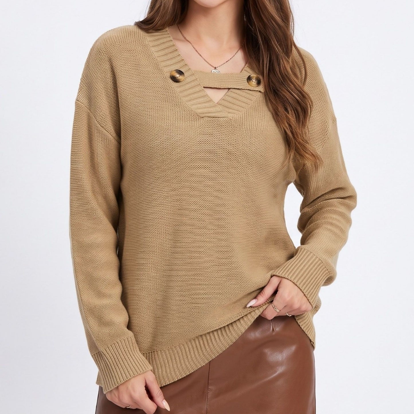 Long Sleeve V Neck Knit Pullover Sweater with Button Detail