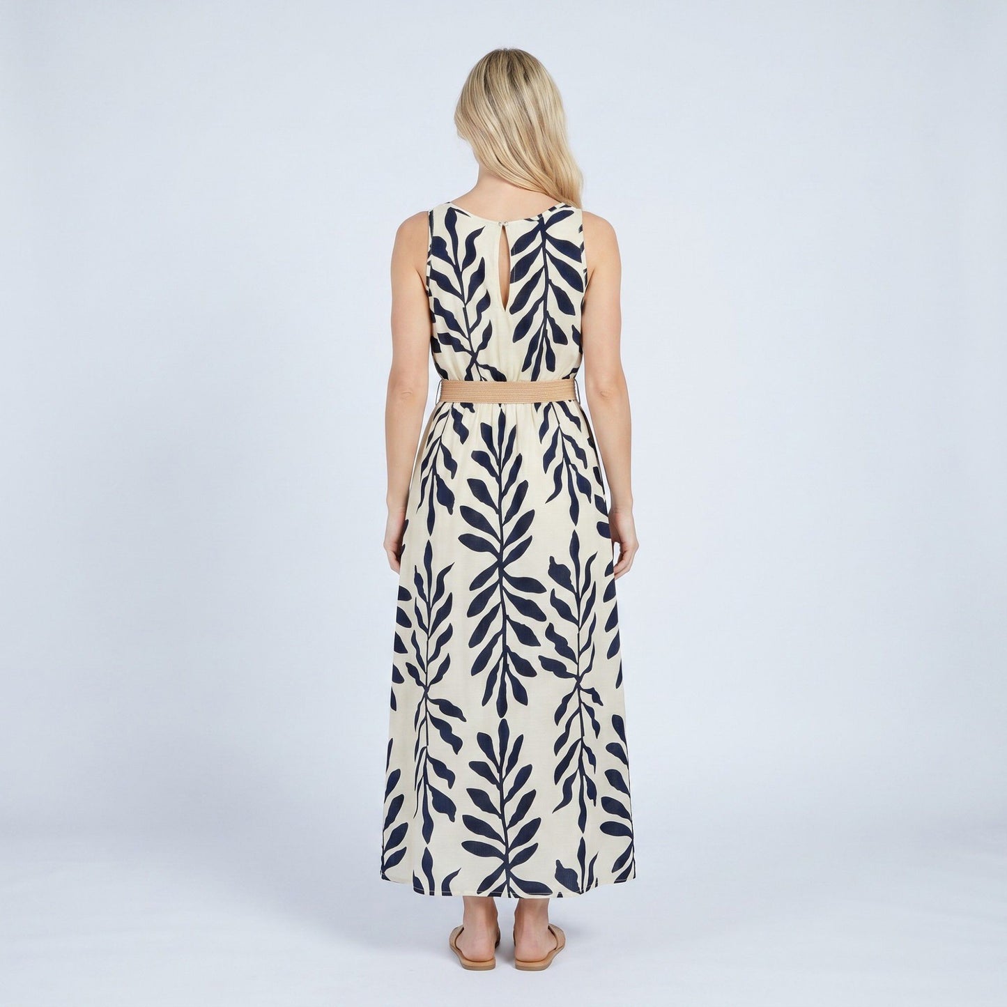 Sleeveless Leaf Print Button Front Belted Maxi Dress