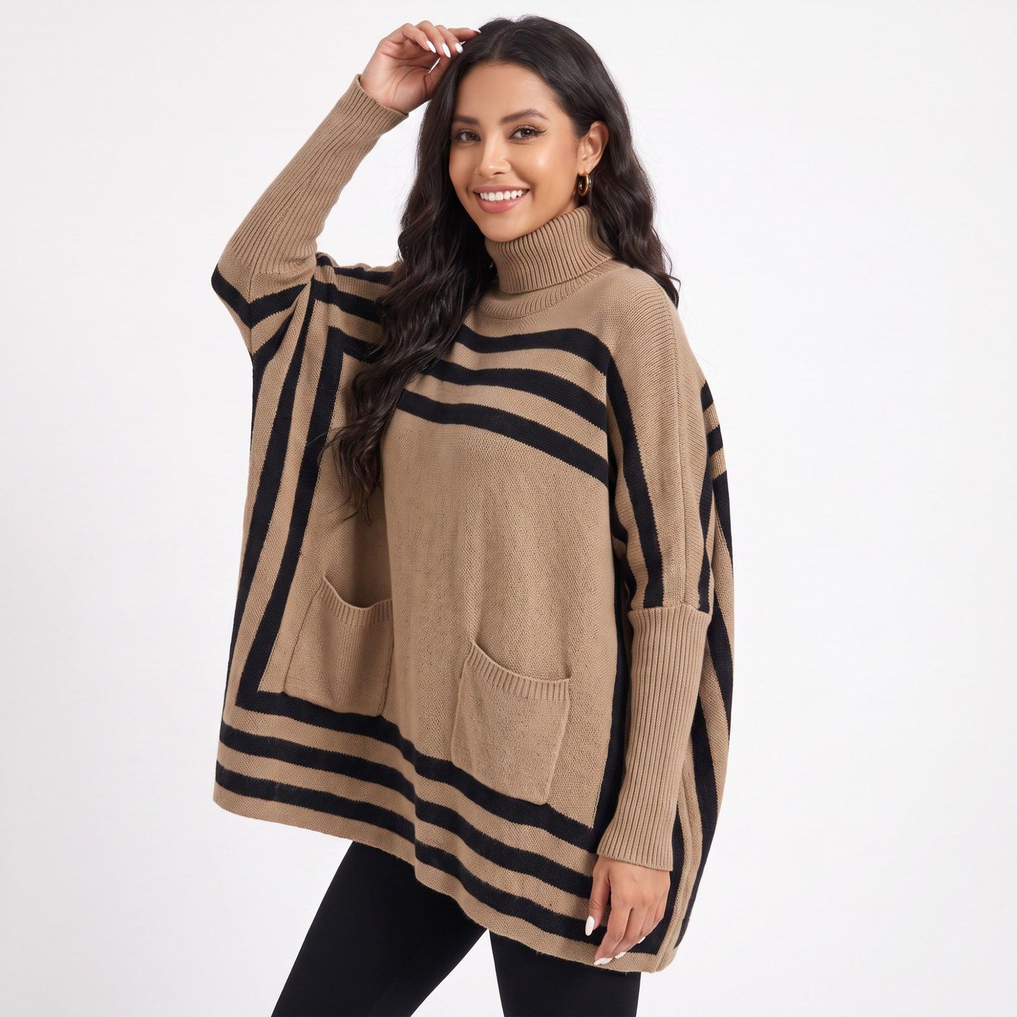 Striped Turtleneck Poncho Sweater with Pockets