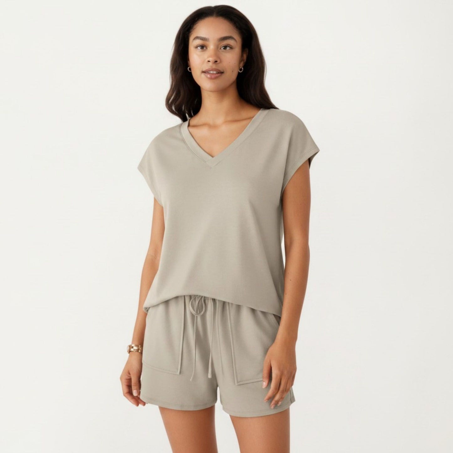 2-Piece Set Short Sleeve V Neck Top and Drawstring Shorts with Pockets Relaxed Fit Lounge Set