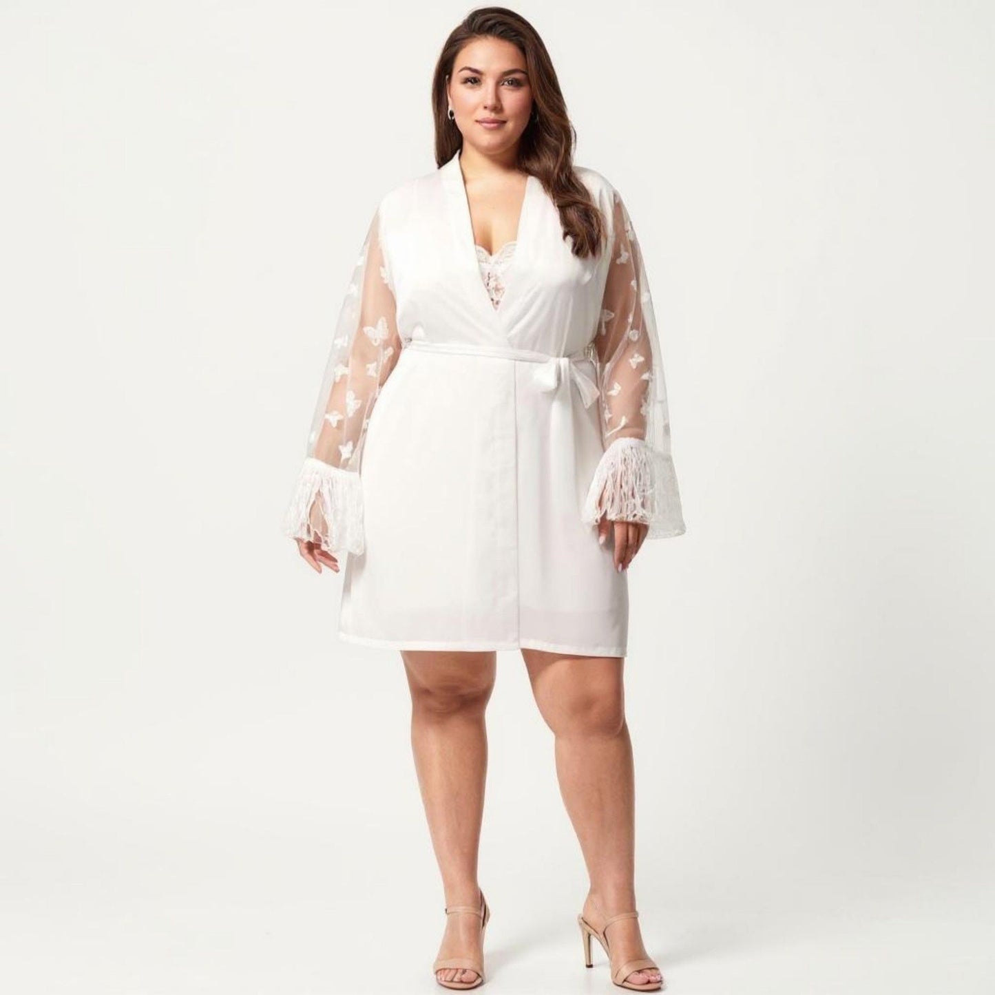 Plus Size Sheer Mesh Lace Trim Robe Lightweight Long Sleeve Sleepwear