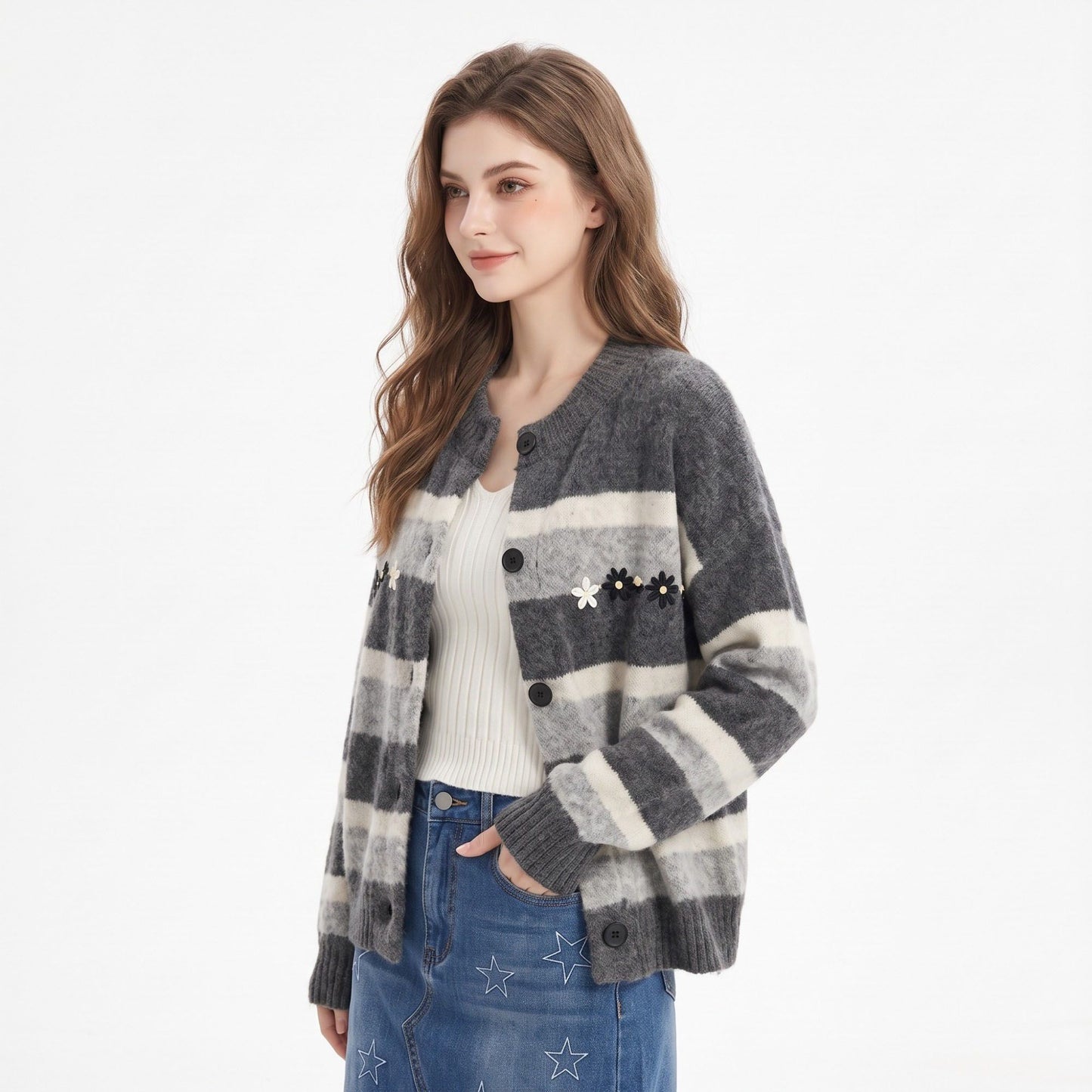 Floral Embroidered Striped Button Front Cardigan