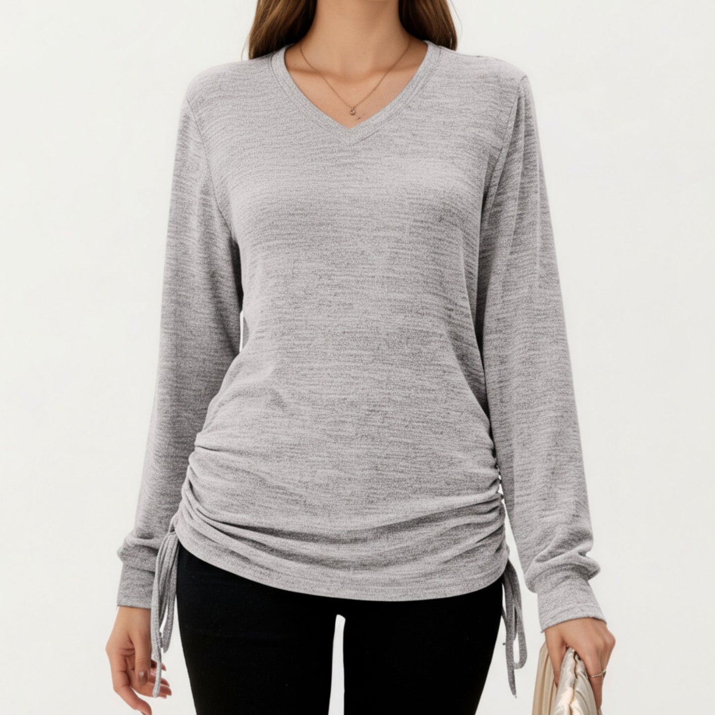 Long Sleeve V-Neck Top with Side Drawstring Ruched Hem