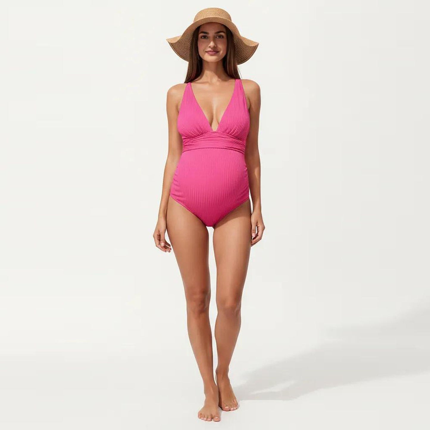 Maternity Ribbed One-Piece Swimsuit with Plunging Neckline and Ruched Waist