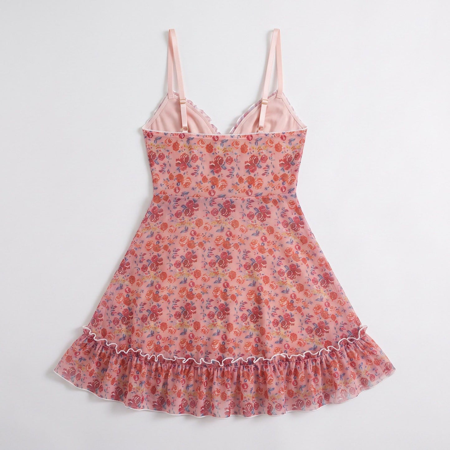 Floral Print Mesh Ruffle Chemise Nightgown