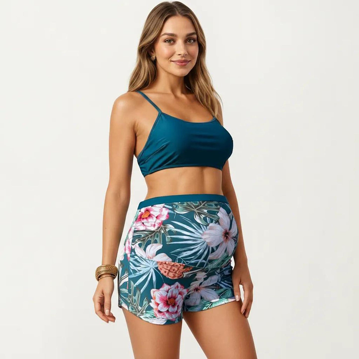 Maternity Floral Print Kimono Cover-Up with High-Waisted Swim Shorts and Tank Top 3-Piece Set