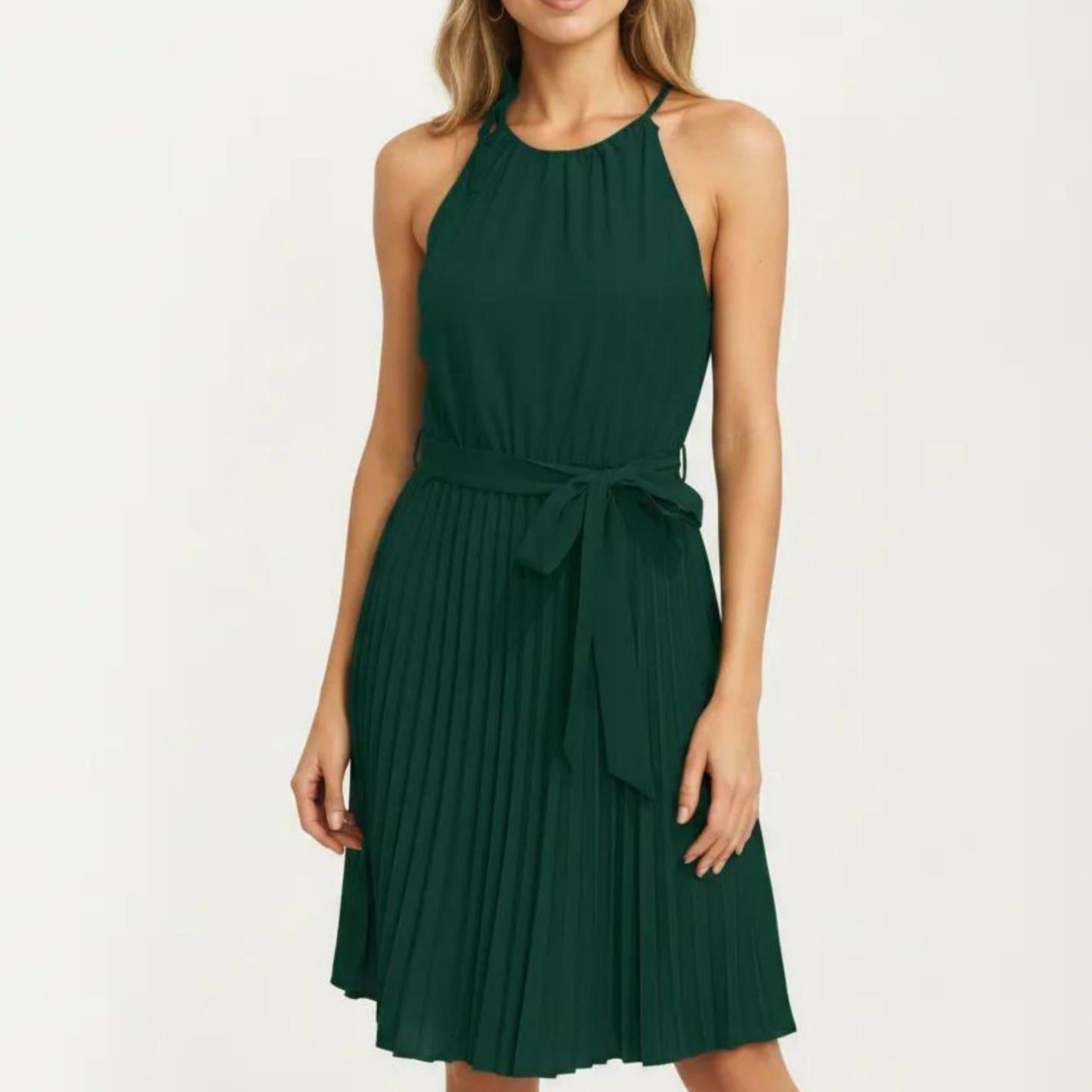 Sleeveless Halter Midi Dress with Pleated Skirt and Waist Tie